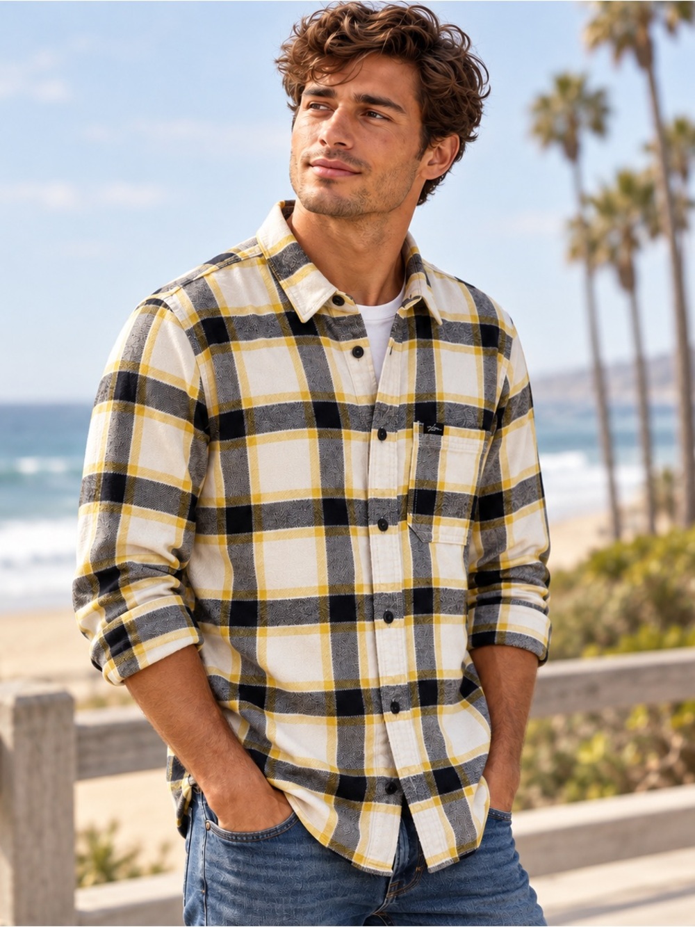 Hollister Men’s M Yellow Black Plaid 100% Cotton Flannel Shirt